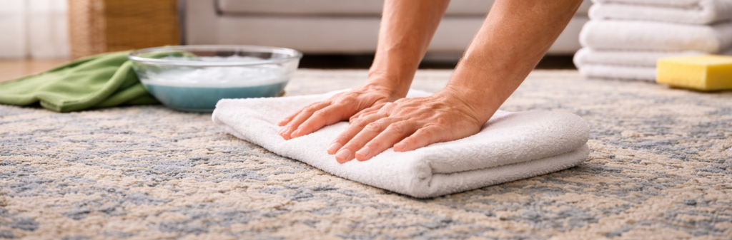 blotting moisture from a rug using a clean towel
