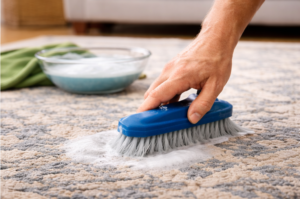 gently cleaning a rug with a soft brush and mild solution