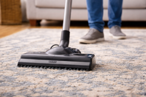 vacuuming an area rug to remove loose dirt before cleaning